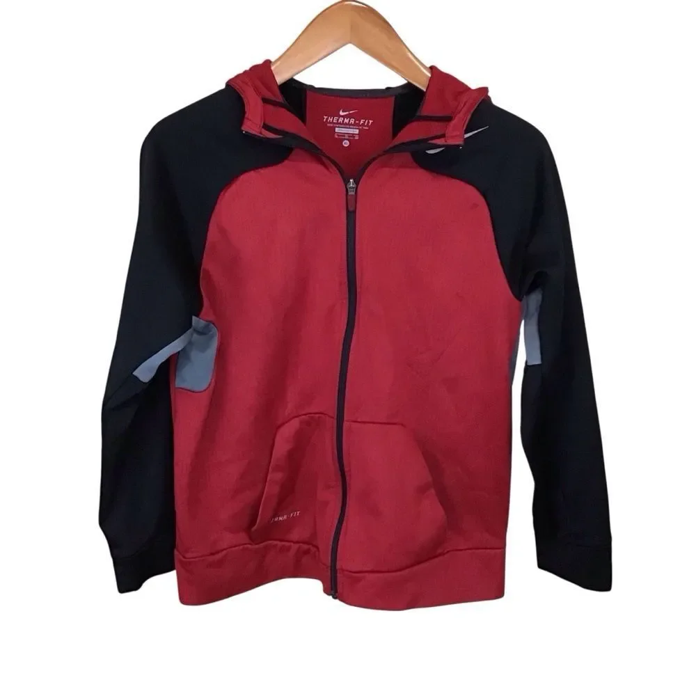 Nike Therma-Fit Jacket Boys XL‎ Red Black Hooded Full Zip
